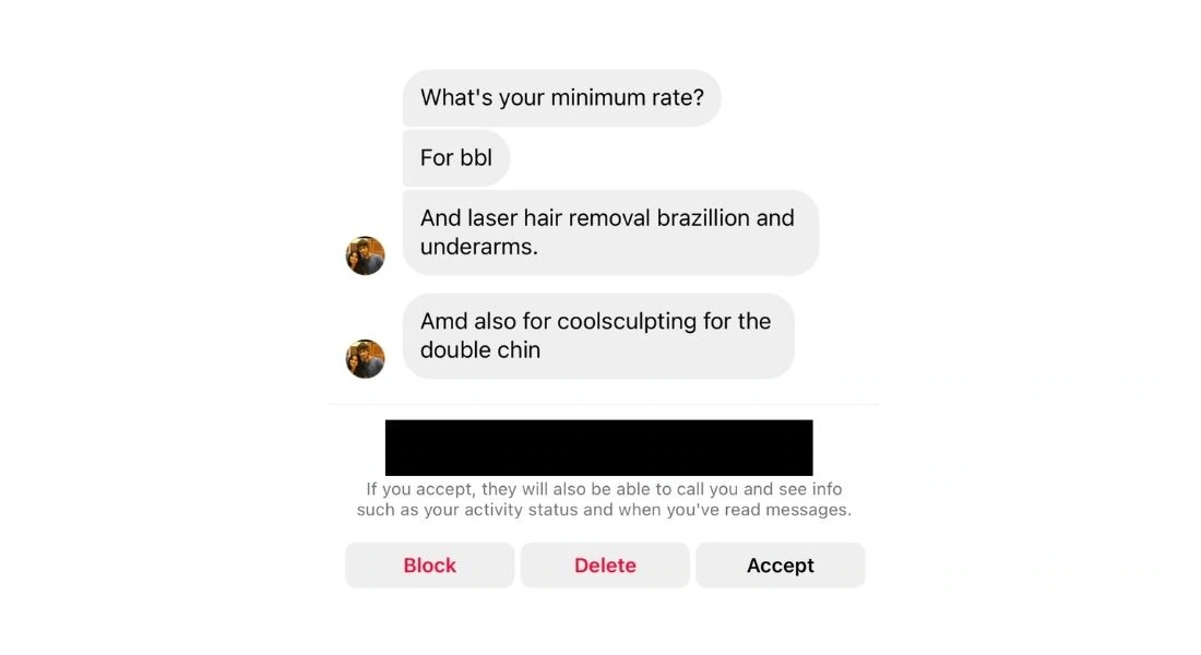 Incoming inquiry asking about BBL, laser hair removal and CoolSculpting treatment pricing
