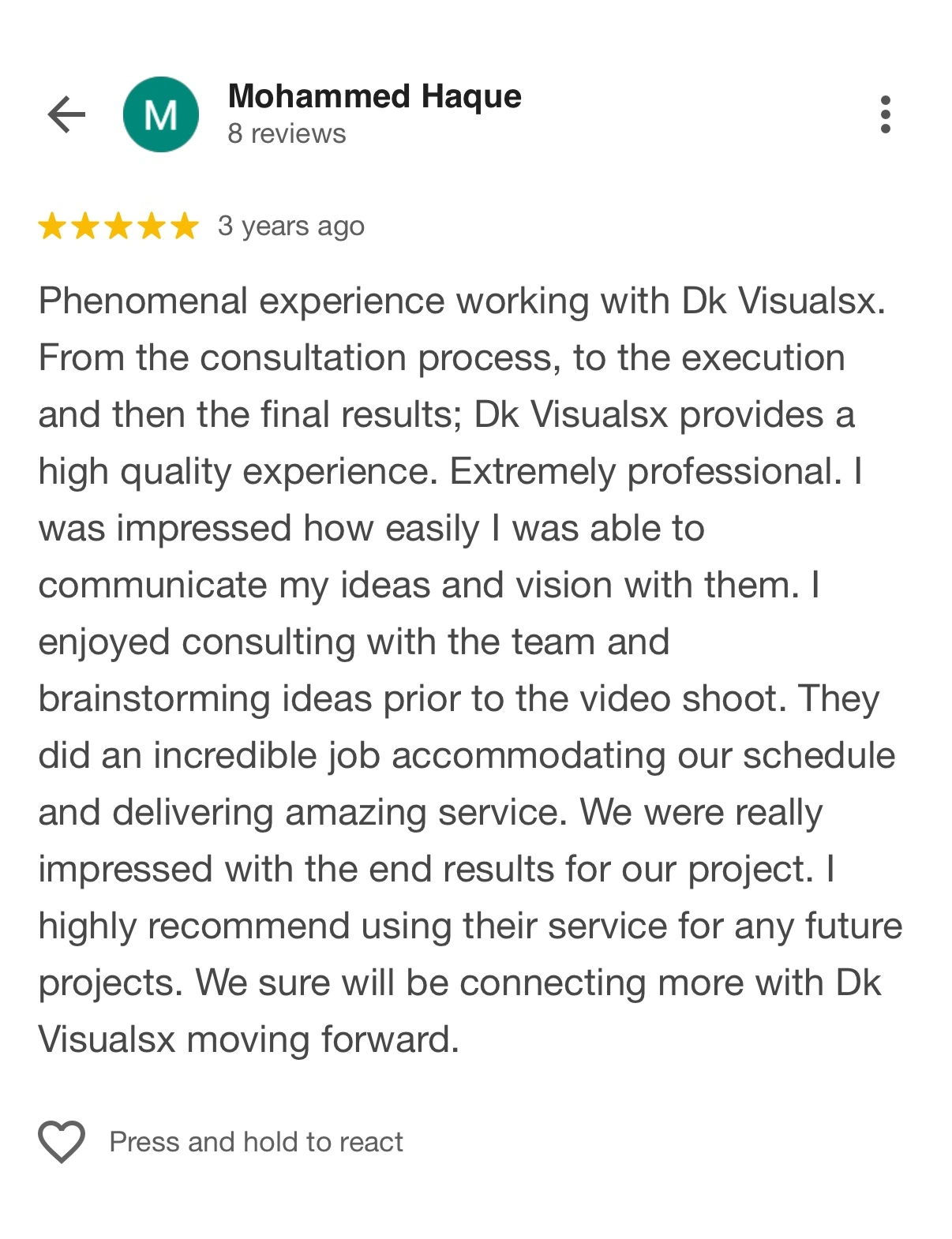 Client-supplied Google review describing the planning, communication and production experience.