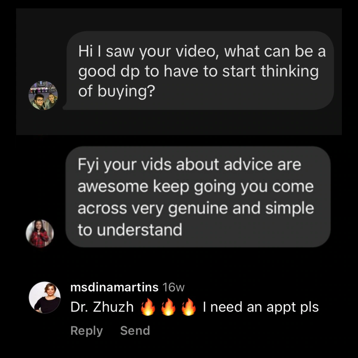 Viewer messages: “Hi I saw your video, what can be a good dp to have to start thinking of buying?” and positive feedback about the clarity of the advice.