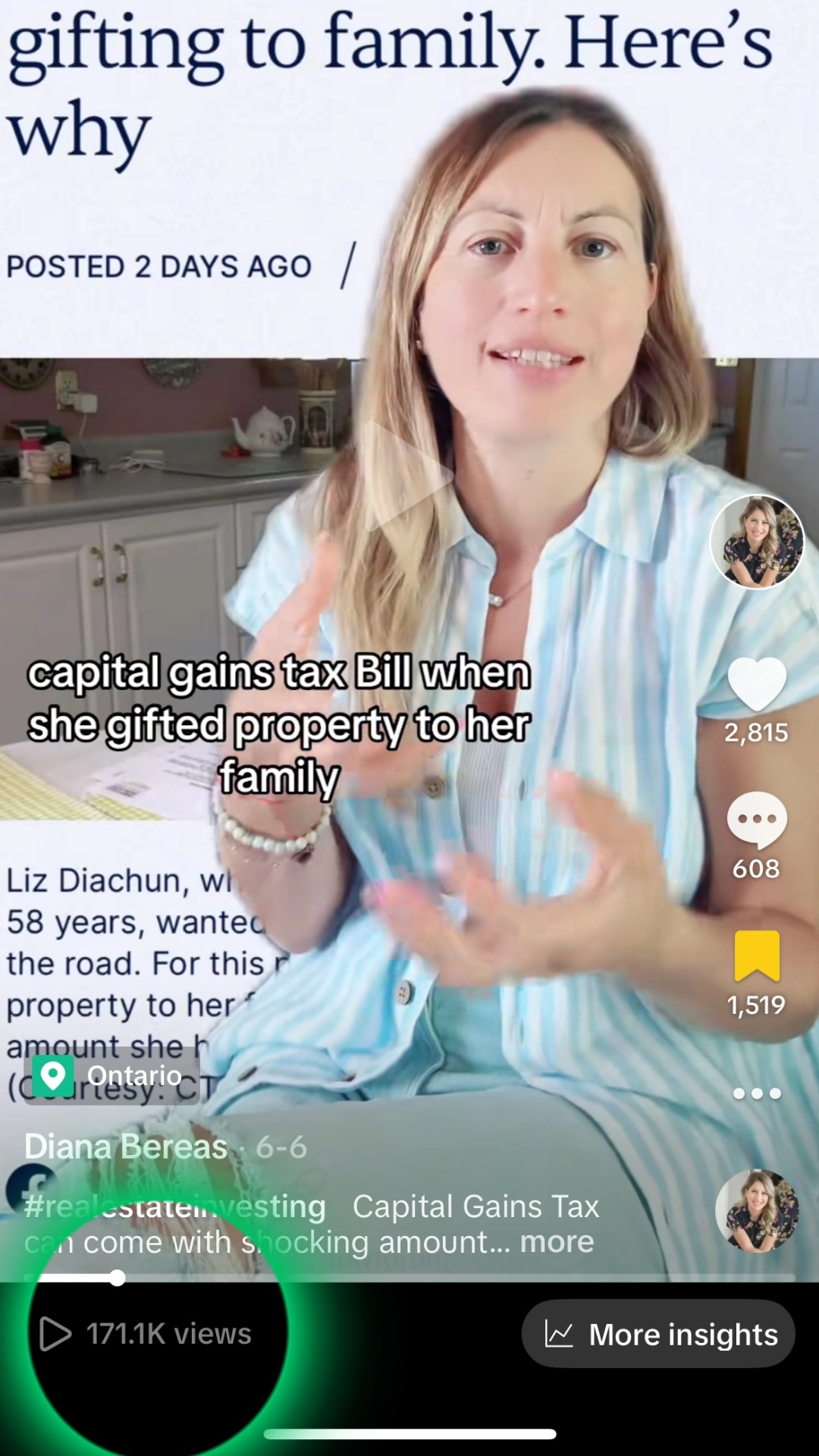 Supplied screenshot of Diana’s educational post showing 171.1K views